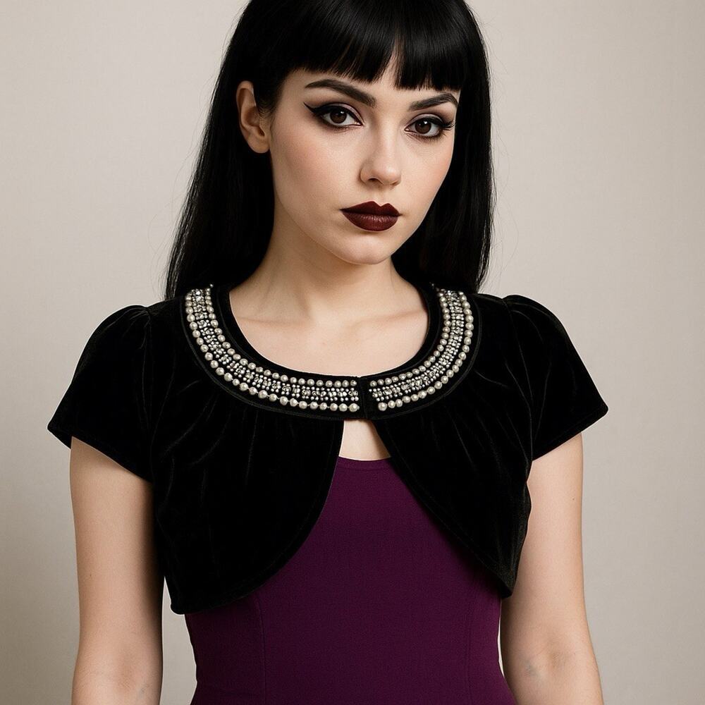 Vintage REFERENCE Velvet Rhinestone Pearl Beaded Shrug 1940s Inspired Size L